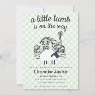 018 Grasgrüne kleine Lamm-Farm-Karo-Babyparty Einladung