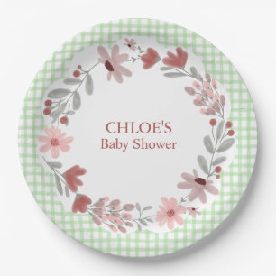 018 Grasgrüne Wildblumen-Bogenrahmen Gingham Pappteller