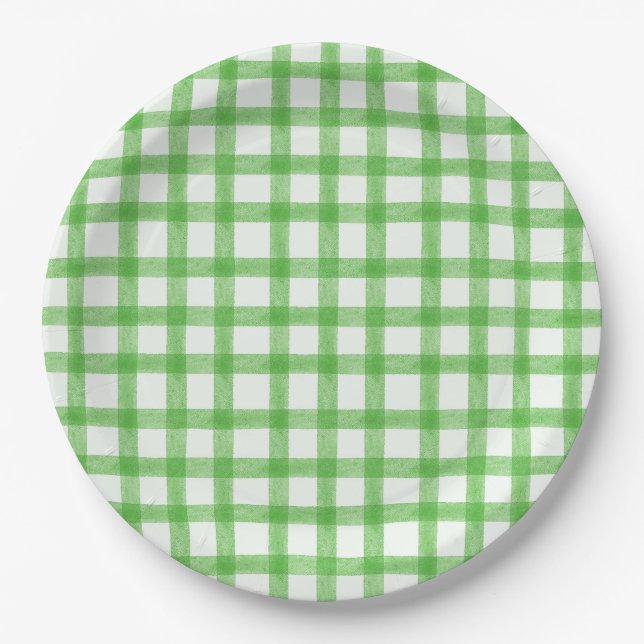 018 Grasgrünes Wasserfarben-Gingham-L-Papiertablet Pappteller (Vorderseite)