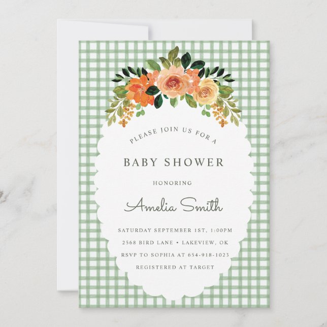 019 Forest Green Gingham Baby Shower Invitations Einladung (Vorderseite)