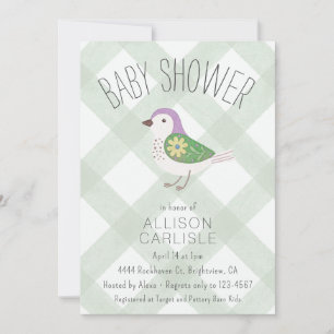 019 Wald Süß Blumenmuster Vogel Gingham-Baby-Party Einladung