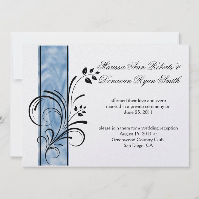 01 Black Floral Wirbel Blue Stripe Post Wedding Einladung (Vorderseite)
