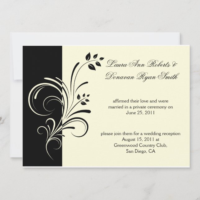01 Black Ivory Cream Floral Wirbel Post Wedding Einladung (Vorderseite)