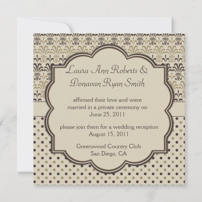 01 Braun Tan Cream Damask Dots Post Hochzeit Einladung (Vorderseite)