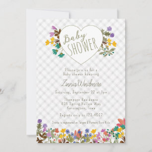 020 Fog Gingham Garten Herz Blumen Baby-Party Einladung