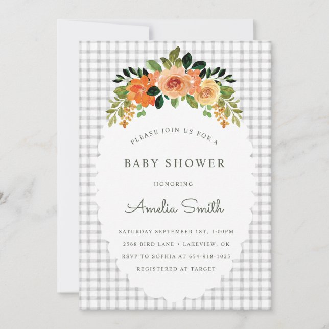 020 Fog Grey Floral Gingham Baby Shower Invitation Einladung (Vorderseite)