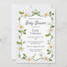 020 Nebelgraue Blumen-Daisy-Gingham-Baby-Einladung