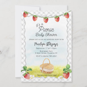 020 Nebelgraue Erdbeer-Picknick-Baby-Party Einladung