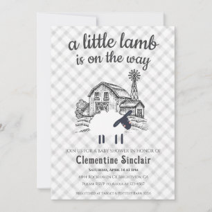 020 Nebelgraue Lamm-Farm-Karo-Baby-Party Einladung