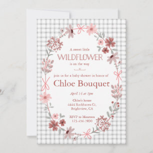 020 Nebelgraue Wildblumen-Schleife Gingham-Baby-Pa Einladung