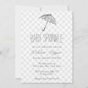 020 Nebelgrauer moderner Regenschirm Gingham Baby Einladung