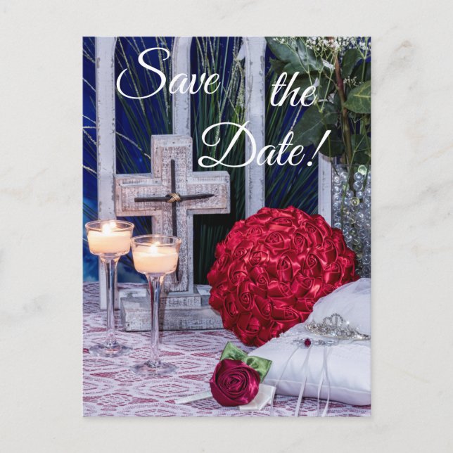 0294-Rotes Bouquet mit Rotem Ring & Kreuz Postkarte (Vorderseite)