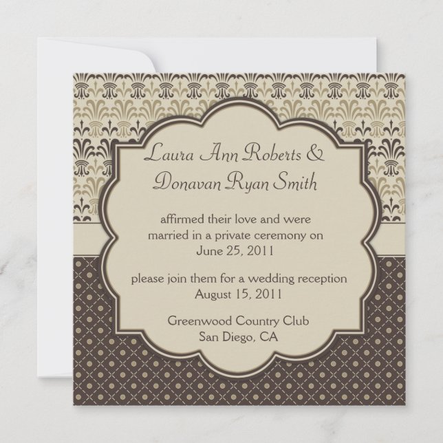 02 Braun Tan Cream Damask Dots Post Hochzeit Einladung (Vorderseite)