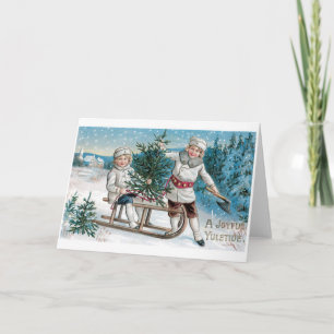 030 Weihnachtskarte Kinder Schlittelbaum Schnee Feiertagskarte
