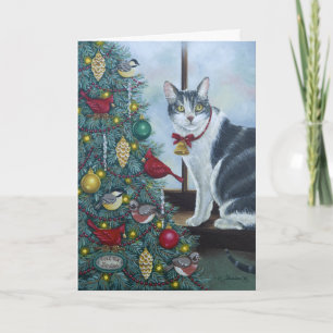0417 Cat & Christmas Tree Greeting Card Feiertagskarte