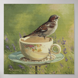 0470 Sparrow auf Teacup Art Print Poster
