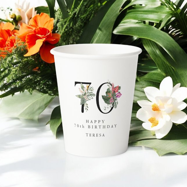 0th Birthday Cheers with Name Tropical Floral Pappbecher (Von Creator hochgeladen)