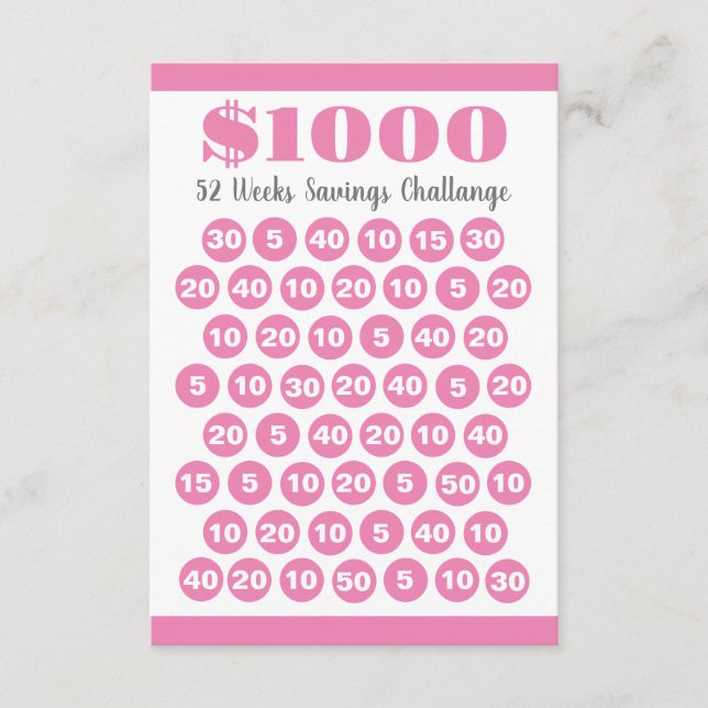 1000 Einsparungen Herausforderung Pink 52 Wochen B Begleitkarte (Vorderseite)