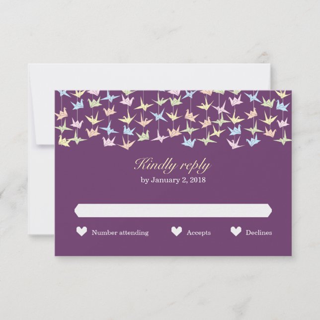 1000 Hanging Origami Paper Cranes Wedding (Lila) RSVP Karte (Vorderseite)