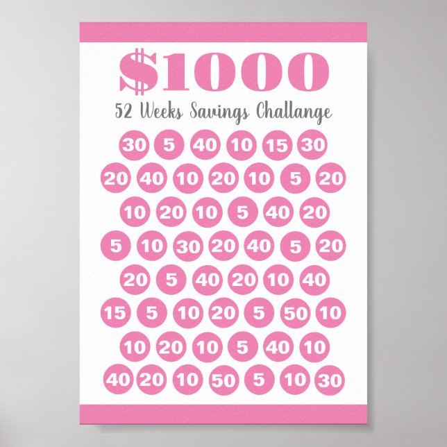 1000 Sparquote Herausforderung 52 Wochen druckbar  Poster (Vorne)