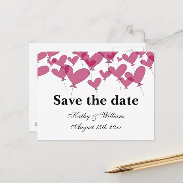 1001 Luftballons mit rotem Herzen Save the Date Ho Postkarte (Vorderseite/Rückseite Beispiel)