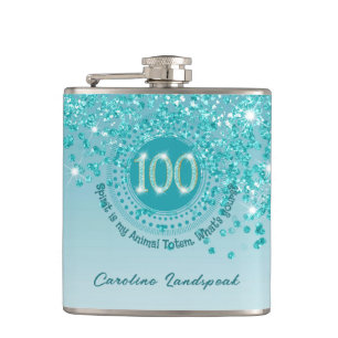 100. & Aquamarin Blue Glitzer & Drinking Quote Flachmann
