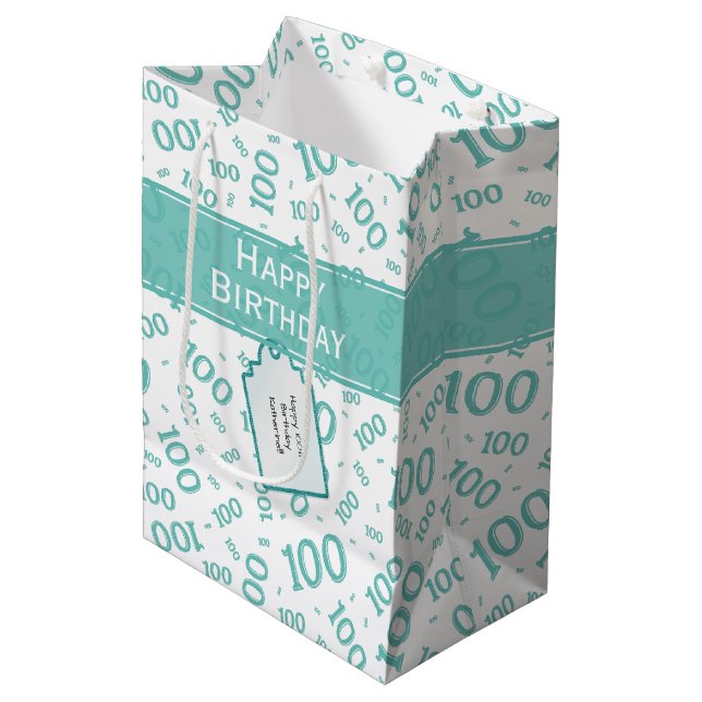 100. Aquamarines Zufallszahlenmuster Mittlere Geschenktüte (Vorderseite Schrägansicht)
