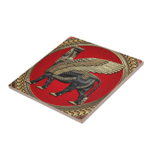 [100] Assyrian Winged Bull: Gold und Black Lamassu Fliese