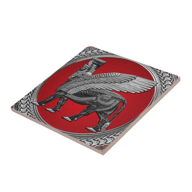 [100] Assyrian Winged Bull: Silver & Black Lamassu Fliese (Seite)