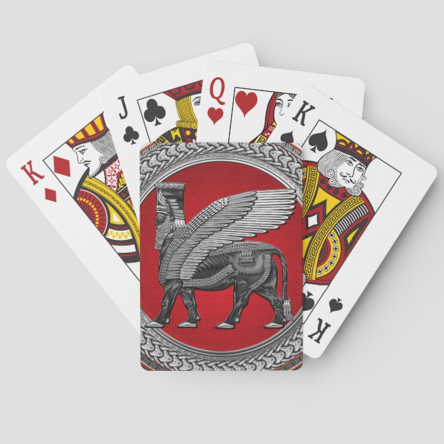 [100] Assyrian Winged Bull: Silver & Black Lamassu Spielkarten (Rückseite)