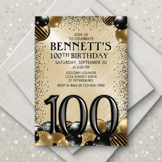 100. Balloons Black Gold Geburtstag Einladung