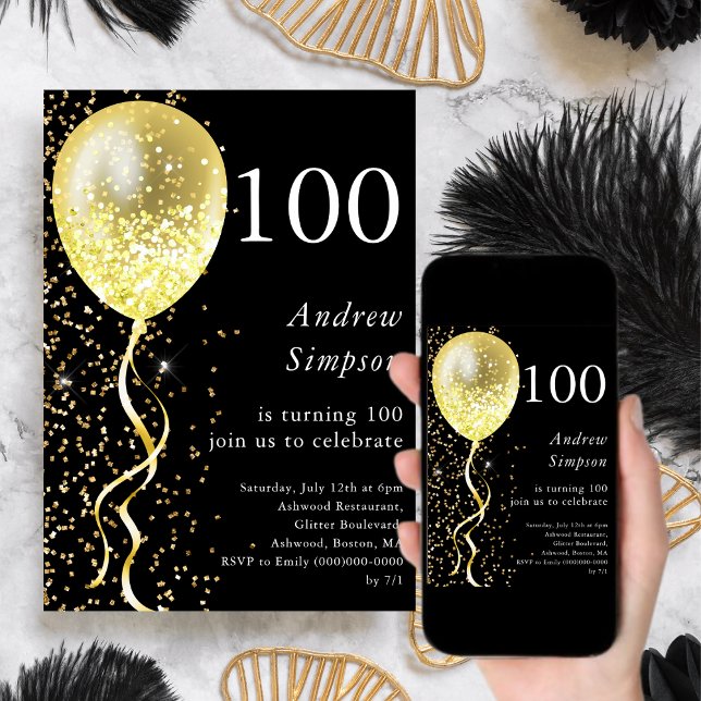 100. | Black & Gold Glitzer Ballon Birthday Einladung (Von Creator hochgeladen)