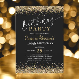 100. Black Gold Glitzer Geburtstag jedes Lebensjah Einladung