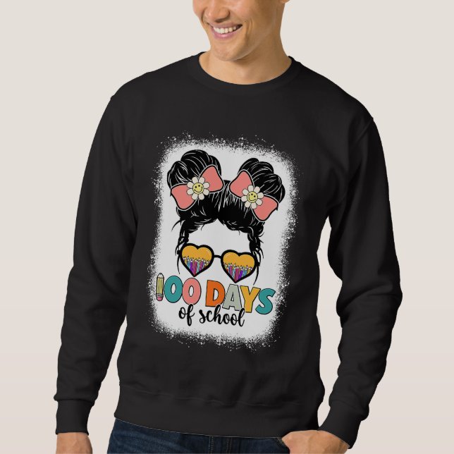 100 Days Of School Messy Bun Leopard Bleached Sweatshirt (Vorderseite)