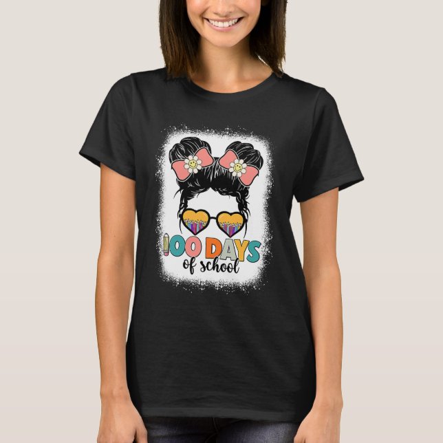 100 Days Of School Messy Bun Leopard Bleached T-Shirt (Vorderseite)