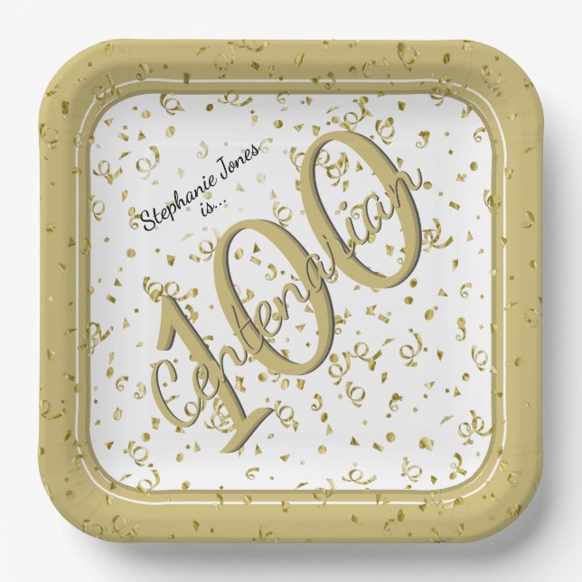 100. Elegantes Party Centenarian Gold/Weiß Pappteller (Vorderseite)