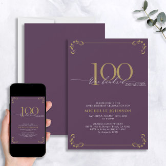 100 & Fabulous Lila & Gold Calligraphy Geburtstag Einladung