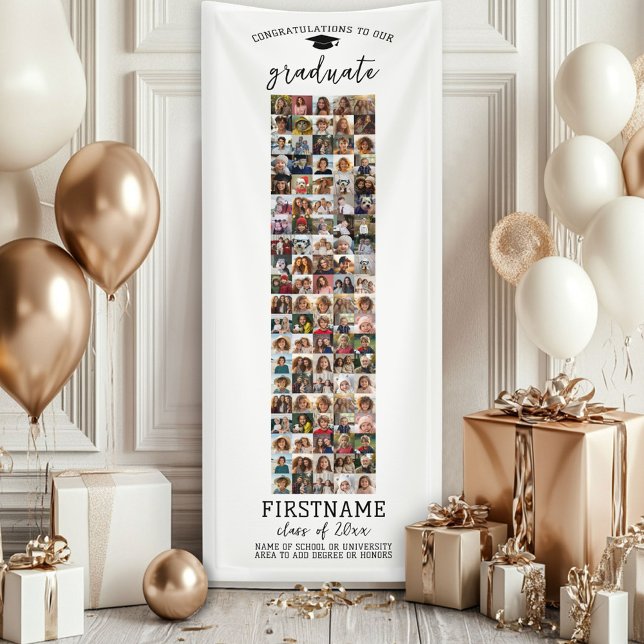 100 Foto-Collage Abschluss Moderne Minimal Weiß Banner (Custom Graduation Banner - Great for a backdrop or Grad Party Decoration)