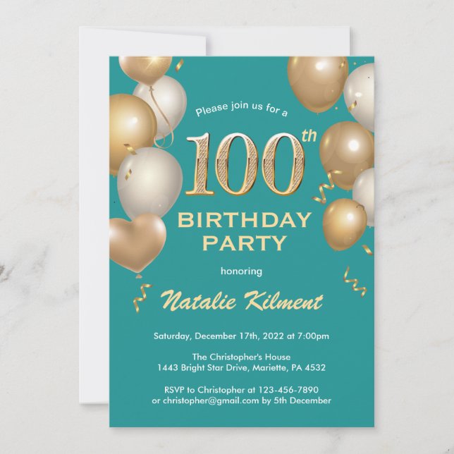 100. Geburtstag Aquamarin und Gold Glitzer Balloon Einladung (Vorderseite)