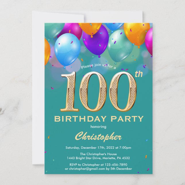 100. Geburtstag Aquamarine und goldene Ballons Einladung (Vorderseite)