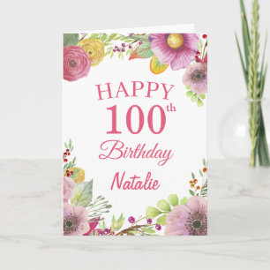 100. Geburtstag Aquarellfarben Blume Rosa Karte