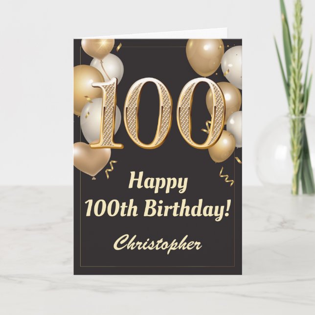 100. Geburtstag Black and Gold Balloons Confetti Karte (Vorderseite)