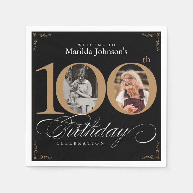 100. Geburtstag Black Gold Calligraphy Custom Foto Serviette (Vorderseite)
