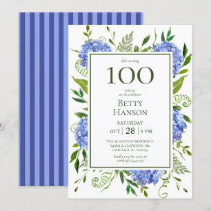 100. Geburtstag Blaue Hortensien Einladung