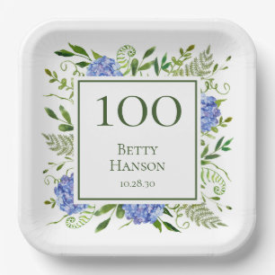 100. Geburtstag Blaue Hortensien Pappteller