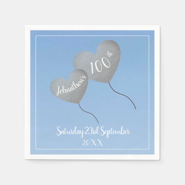 100. Geburtstag blauen Ballon Serviette (Vorderseite)