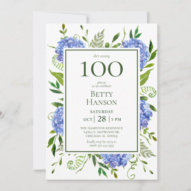 100. Geburtstag Blue Hydrangeas Einladung (Vorderseite)