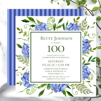 100. Geburtstag Blue Hydrangeas Einladung