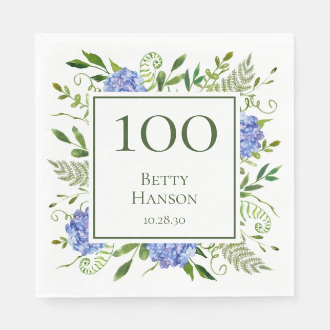 100. Geburtstag Blue Hydrangeas Serviette (Vorderseite)