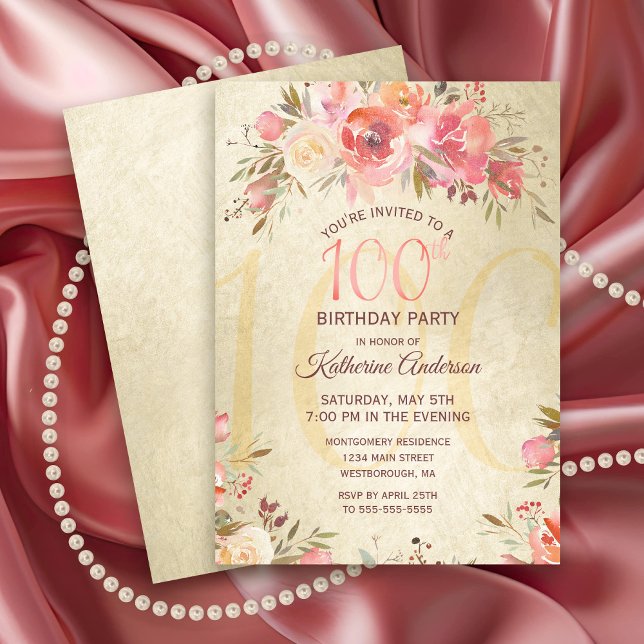 100. Geburtstag Blumenbäume Gold Shimmer Party Einladung (Elegant 100th Birthday Party Invitation with Pink Roses on a gold shimmer background.)
